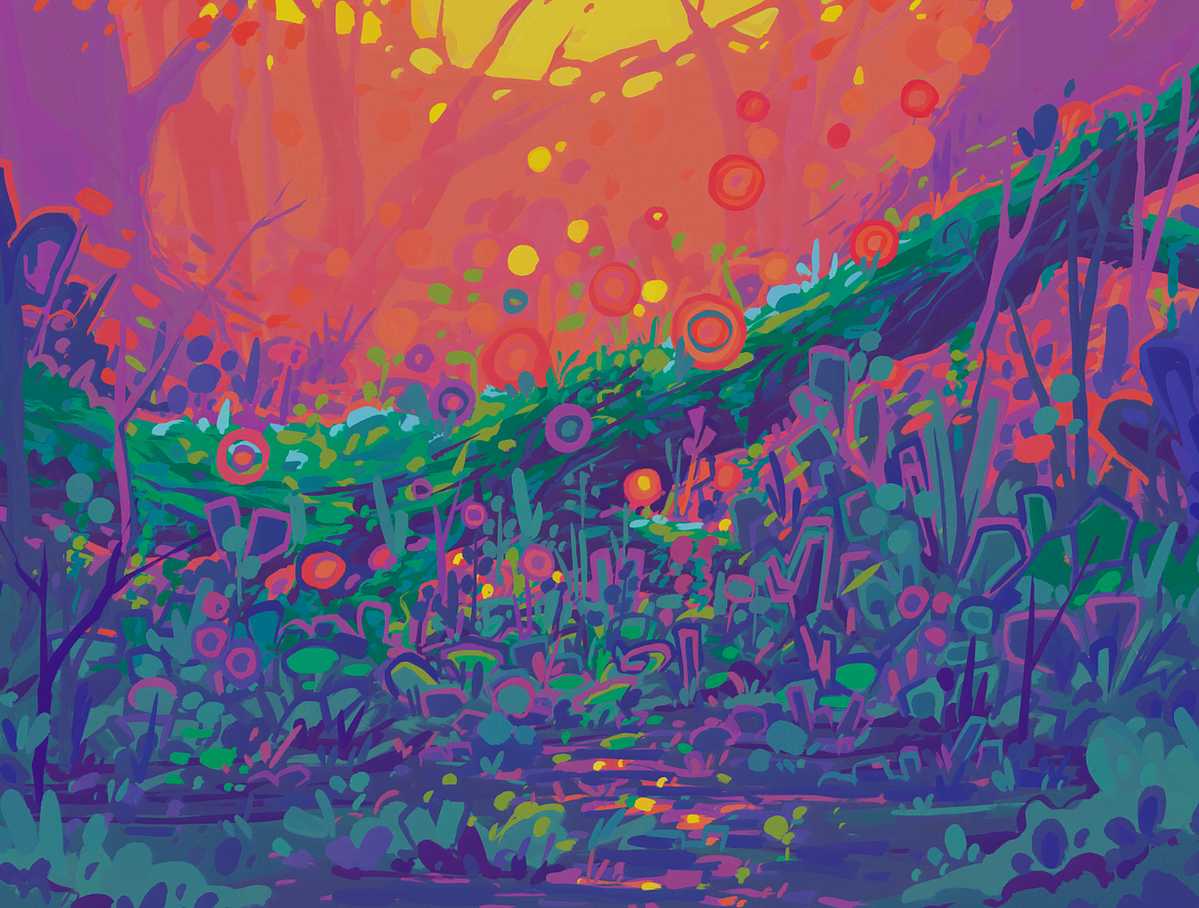 A vibrant, psychedelic landscape painting featuring a glowing forest with a winding path, colorful foliage, and a bright orange and yellow sky, rendered in bold strokes of purple, green, pink, and blue.