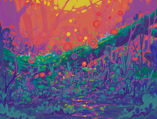 A vibrant, psychedelic landscape painting featuring a glowing forest with a winding path, colorful foliage, and a bright orange and yellow sky, rendered in bold strokes of purple, green, pink, and blue.