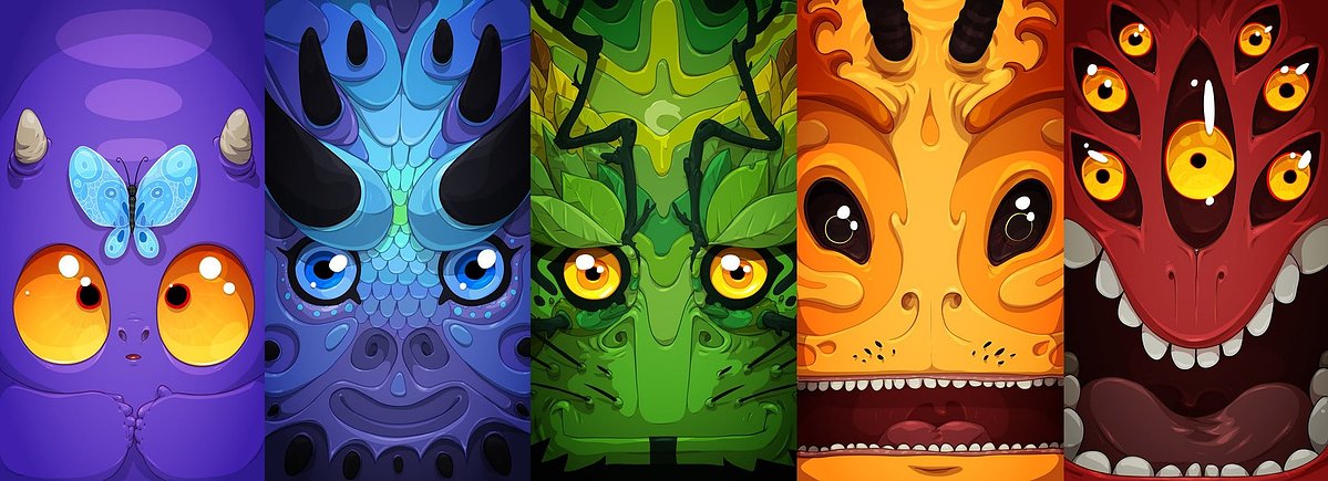 A vertical five-panel graphic featuring stylized colorful monster faces: purple with a blue butterfly, blue with large eyes, green with yellow eyes, orange with yellow eyes, and red with multiple eyes and teeth.