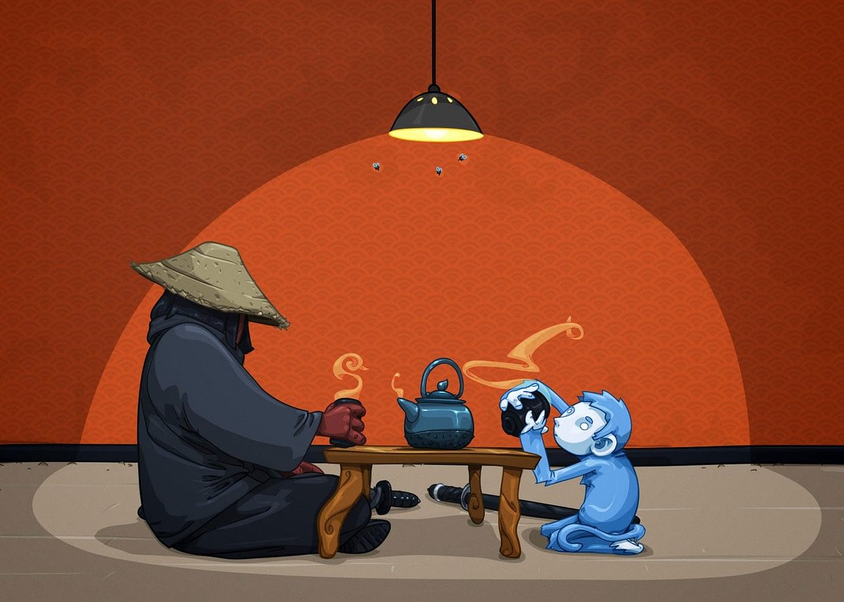 Hooded figure in a straw hat and a small blue monkey sharing tea at a low table under a hanging lamp, against an orange wall.