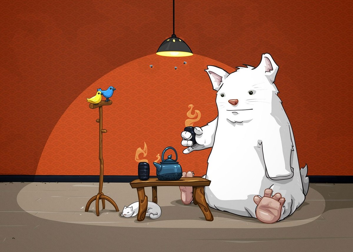 A stylized illustration of a large white cat sitting in a room with an orange wall, a hanging lamp, a small table with a blue kettle and cup, and a bird on a stand.