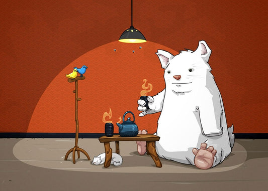 A stylized illustration of a large white cat sitting in a room with an orange wall, a hanging lamp, a small table with a blue kettle and cup, and a bird on a stand.
