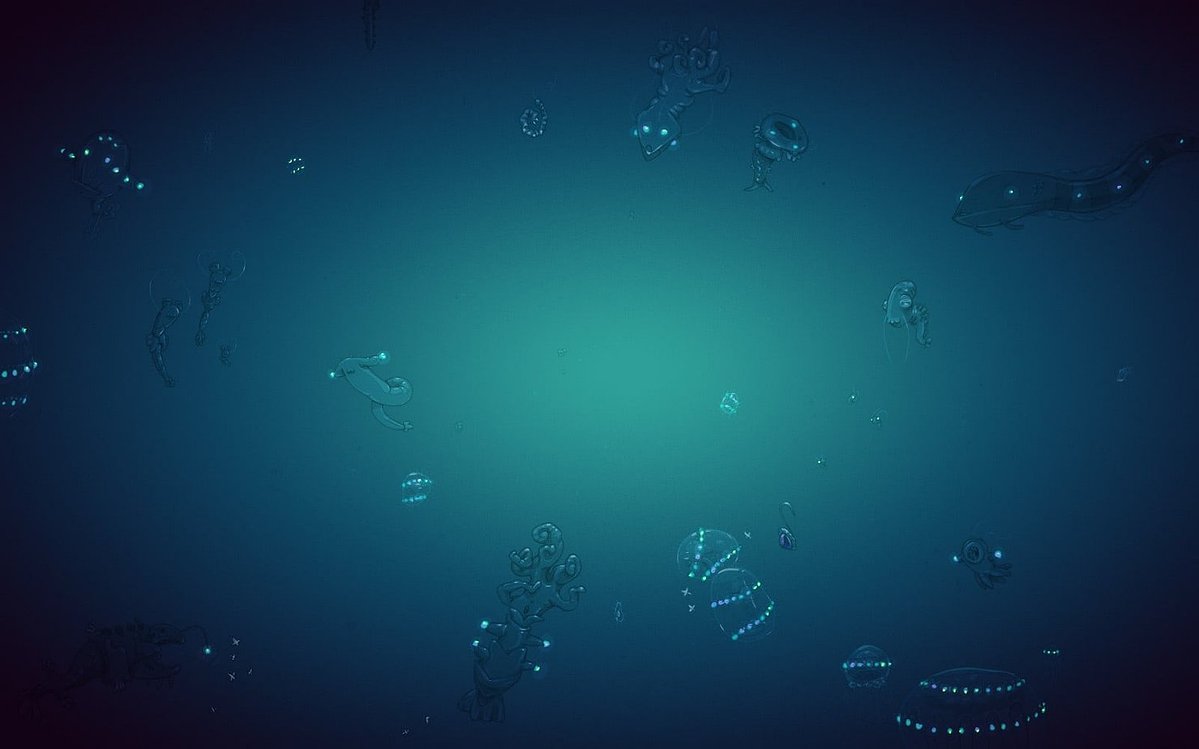 An underwater scene with glowing blue marine life and coral-like structures in deep blue water, centered with a bright teal glow fading to darker blue at the edges.