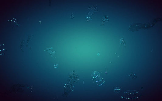 An underwater scene with glowing blue marine life and coral-like structures in deep blue water, centered with a bright teal glow fading to darker blue at the edges.