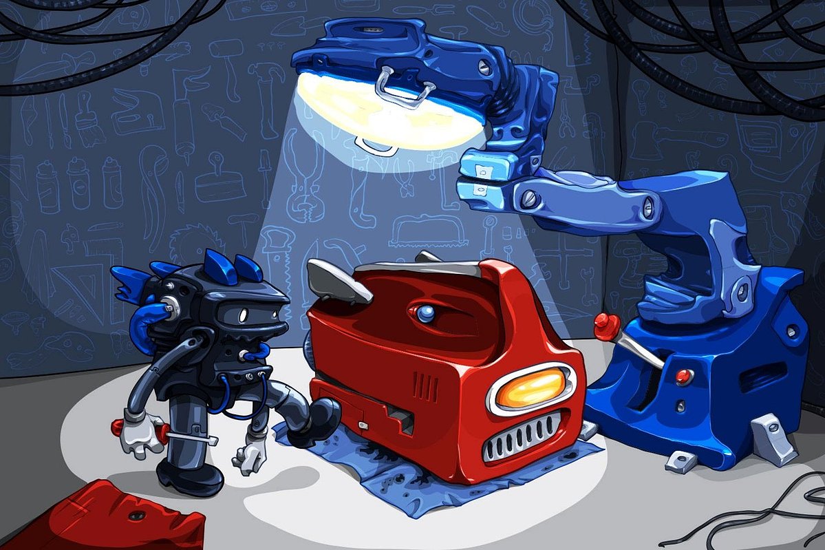 A stylized illustration of a blue robot standing beside a red robot car on a blue mat in a workshop-like setting, with a large blue robotic arm holding a bright lamp above them.