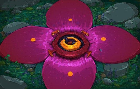 A stylized fantasy illustration of a large magenta flower with glowing orange spots and a circular yellow-and-black center, set in a mossy rocky environment.