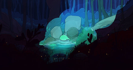 A stylized digital illustration of a glowing green pool in a dark forest with blue and teal rocks and silhouetted trees.