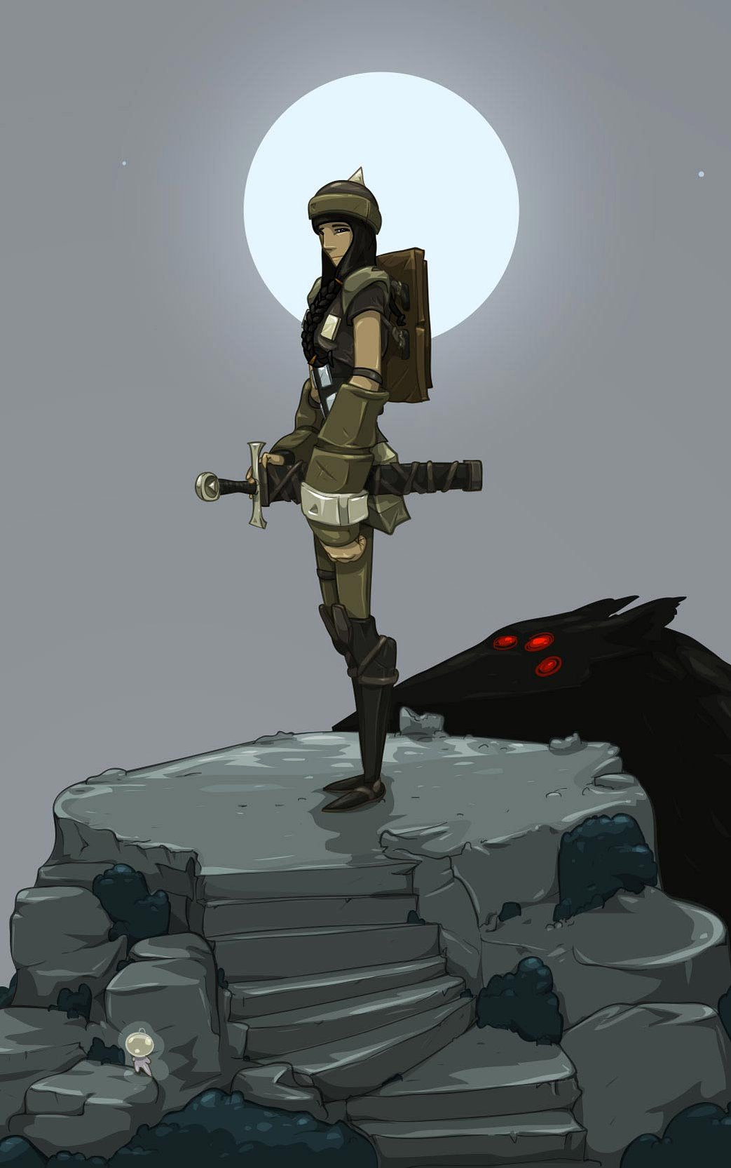 A stylized digital illustration of a female warrior character standing on a rocky cliff under a large full moon, with a dark creature or shadow looming behind her. The scene appears to be fantasy artwork rather than a standard product photo.