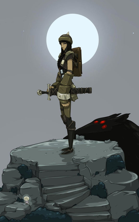 A stylized digital illustration of a female warrior character standing on a rocky cliff under a large full moon, with a dark creature or shadow looming behind her. The scene appears to be fantasy artwork rather than a standard product photo.