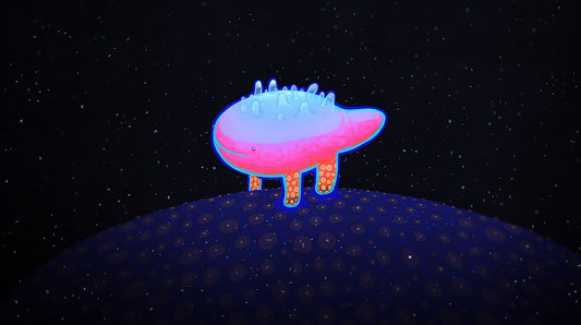 A stylized neon creature or alien-like character with a pink and blue body, orange legs, and spiky blue back details, standing on a dark textured dome against a starry black space background.