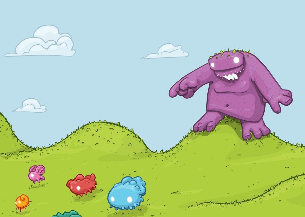 A cartoon-style illustration of a large purple monster standing on a green hill under a light blue sky with white clouds, with smaller colorful creatures on the grass in the foreground.