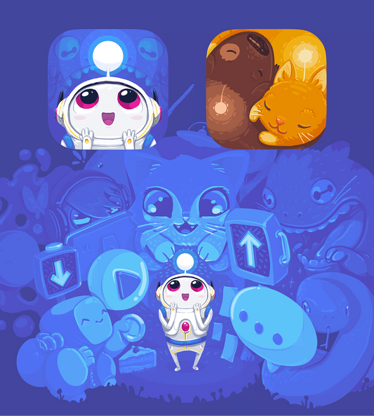 A stylized digital illustration featuring a small white cartoon character with pink eyes and a glowing chest light, surrounded by blue-toned abstract shapes and two rounded app-style icons at the top: one with a white character and one with a brown bear and orange cat.