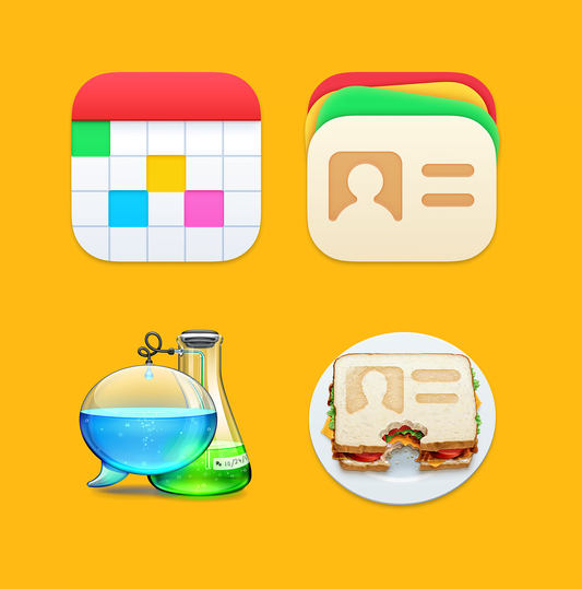 Four colorful app-style icons arranged in a 2x2 grid on a solid yellow background: a calendar grid with a red top, a stacked set of ID-style cards with a person icon, a beaker and flask with blue and green liquid, and a plate with a sandwich whose center is replaced by a person icon.