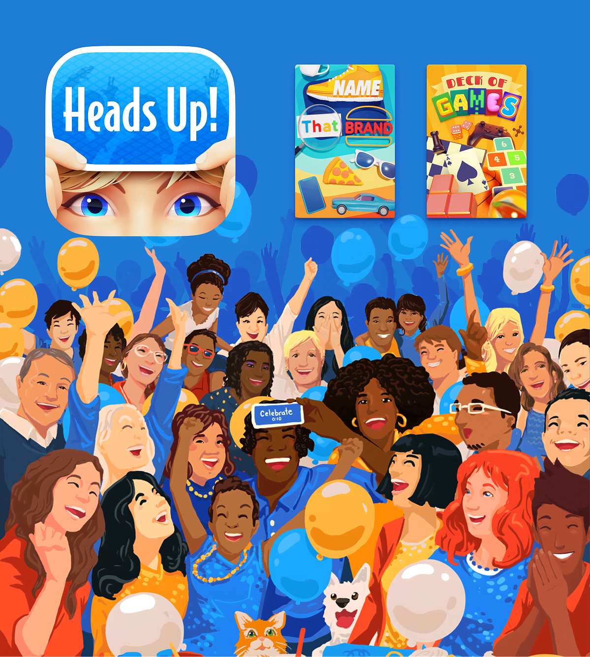 Heads Up! game artwork: a crowd of illustrated characters blowing bubblegum, with game cover thumbnails and the Heads Up! badge.
