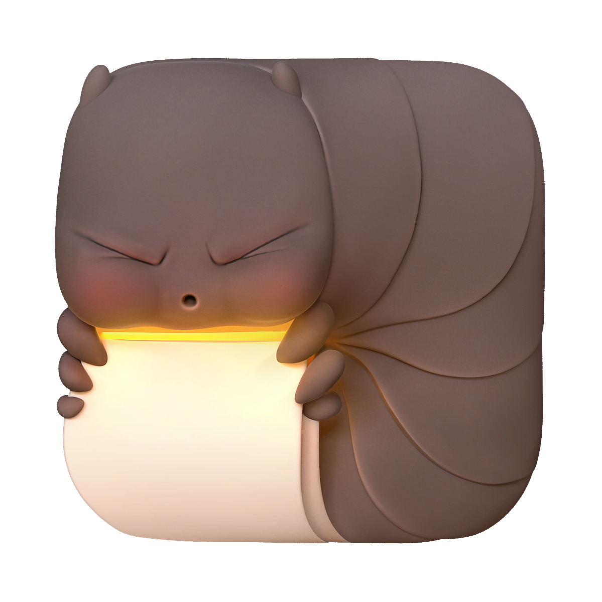 A stylized 3D-rendered character with a rounded square body, brown skin, and closed eyes, holding a glowing white rectangular object with a warm yellow light. The character and glowing object are centered on a solid black background.