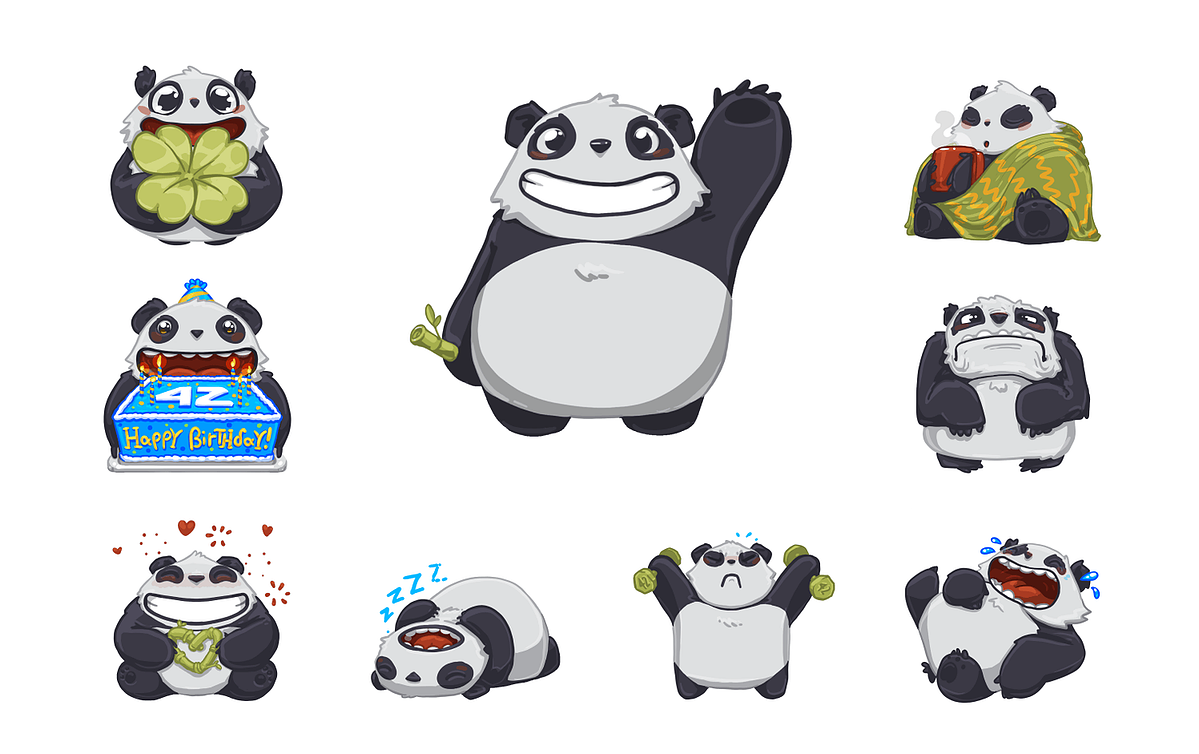A set of cartoon panda sticker designs on a white background, including expressions like holding a four-leaf clover, wrapping a green blanket, sitting behind a birthday cake with '42 Happy Birthday!', crying with tears, sleeping, and flexing.