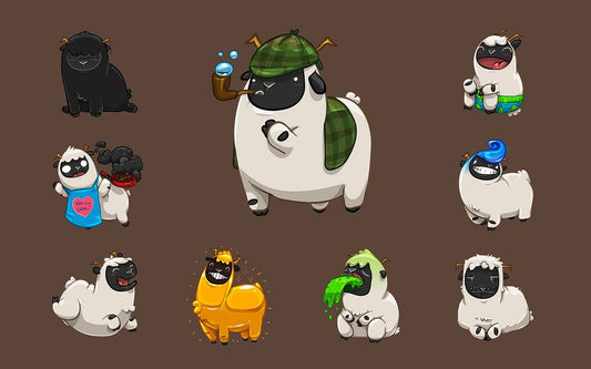 A set of cartoon pug character illustrations on a solid brown background, featuring various poses and outfits including a green plaid hat and scarf, a blue heart dress, and a yellow body.