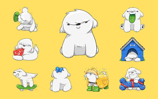 A set of cartoon dog illustrations on a solid yellow background, featuring a central white fluffy dog with a smirking expression and eight smaller dog-themed cartoon scenes around it, including a dog with a green cup, a red heart, a blue doghouse, a skateboard, a blue bow, yellow rain boots, and wrapped presents.