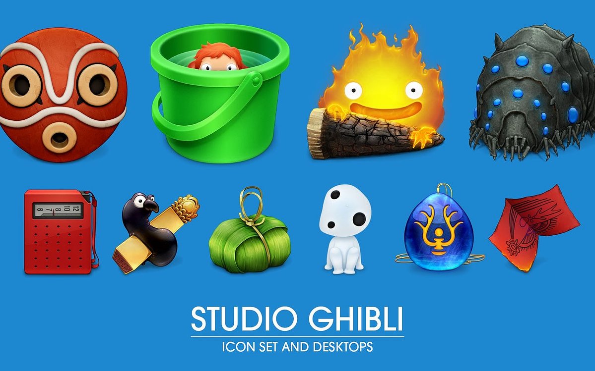 A digital graphic showing a collection of Studio Ghibli-inspired cartoon icons and desktop items on a blue background, with the text 'STUDIO GHIBLI ICON SET AND DESKTOPS' at the bottom.