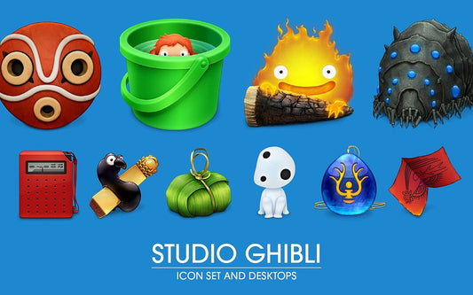 A digital graphic showing a collection of Studio Ghibli-inspired cartoon icons and desktop items on a blue background, with the text 'STUDIO GHIBLI ICON SET AND DESKTOPS' at the bottom.