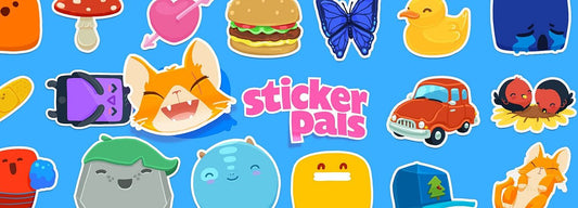 A colorful sticker sheet featuring various cute cartoon stickers on a bright blue background, including a cat face, a mushroom, a hamburger, a butterfly, a duck, a car, and abstract blob characters. The text 'sticker pals' is written in the center.