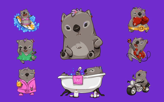 A set of cartoon wombats in various poses and outfits on a solid purple background, including surfing, boxing, riding a motorcycle, wearing a green dress, a pink robe, and sitting in a bathtub.