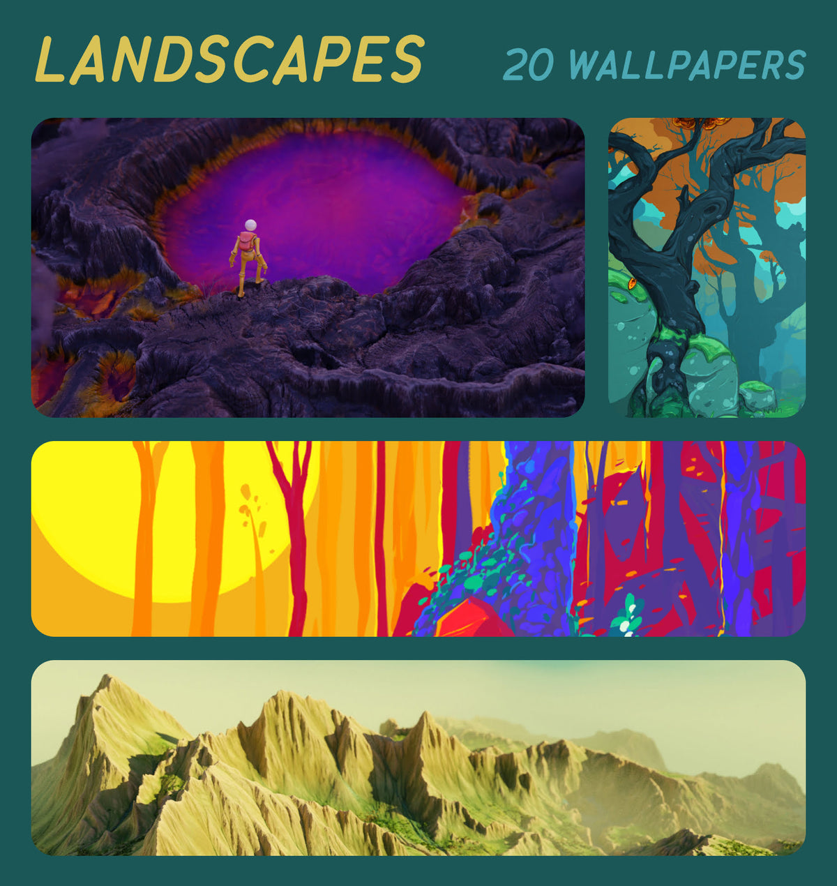 A promotional collage for a wallpaper set titled "LANDSCAPES" with "20 WALLPAPERS" in teal text. The collage shows four landscape-themed wallpaper panels: a purple cavern scene with a small figure, a dark tree-like forest, a bright yellow and orange abstract landscape, and a mountain range in muted beige and green tones.