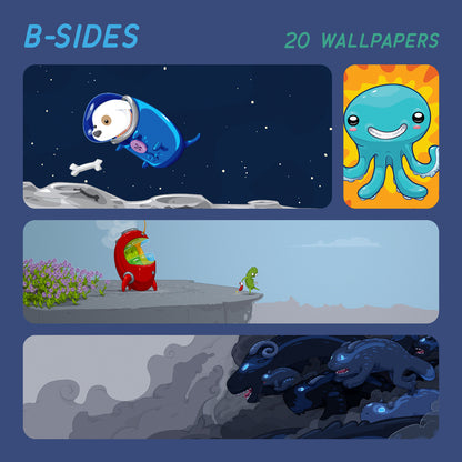 A promotional graphic for a wallpaper pack titled 'B-SIDES' with '20 WALLPAPERS' at the top. The image shows three sample wallpaper panels: a cartoon dog astronaut floating on a moon, a smiling blue octopus on a yellow sunburst background, a small green creature standing on a cliff next to a red monster, and dark blue wolf-like creatures in a stormy gray landscape.