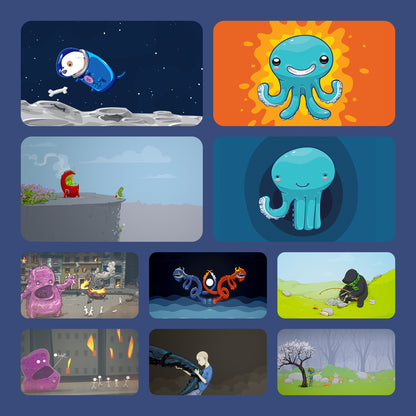 Preview grid of B-Sides pack wallpapers: storm wolves, a white creature with a sketchbook, an archer, a lone cherry tree, a beach and more.