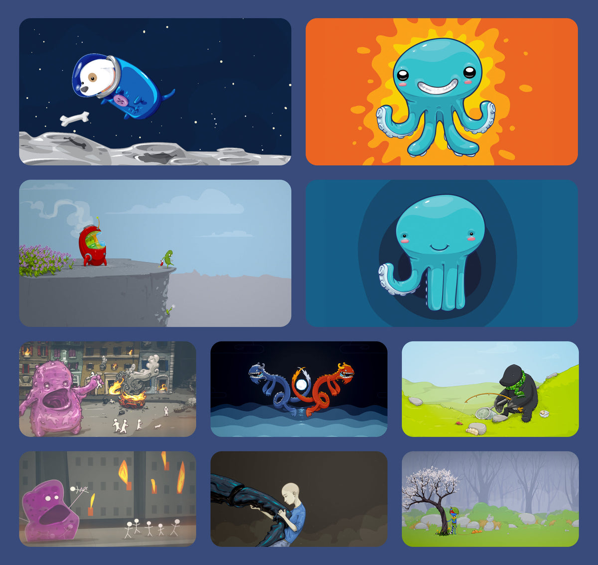More B-Sides wallpapers, including an early Space Doggy, a blue octopus on a sunburst, In a Pickle, a purple monster and sea serpents.