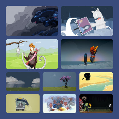 More B-Sides wallpapers, including an early Space Doggy, a blue octopus on a sunburst, In a Pickle, a purple monster and sea serpents.