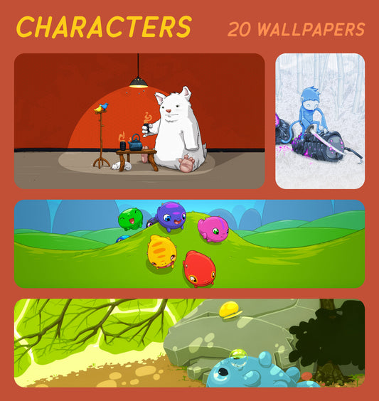 A promotional graphic for a wallpaper pack featuring cartoon characters and scenery. The top text reads 'CHARACTERS' and '20 WALLPAPERS'.