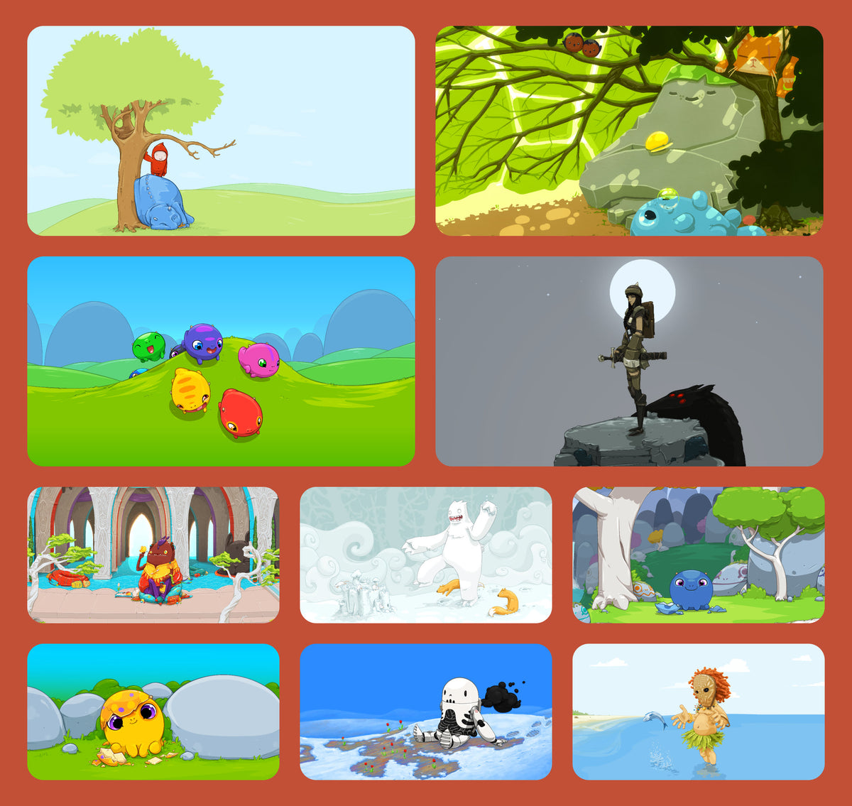 More Characters wallpapers, including Hideout and Woe, a yeti in a snowy field, colorful blobs on green hills and a blue creature under a tree.