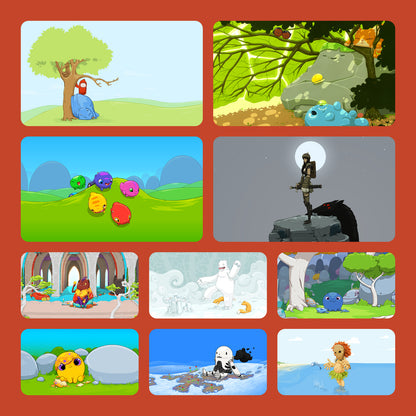 More Characters wallpapers, including Hideout and Woe, a yeti in a snowy field, colorful blobs on green hills and a blue creature under a tree.