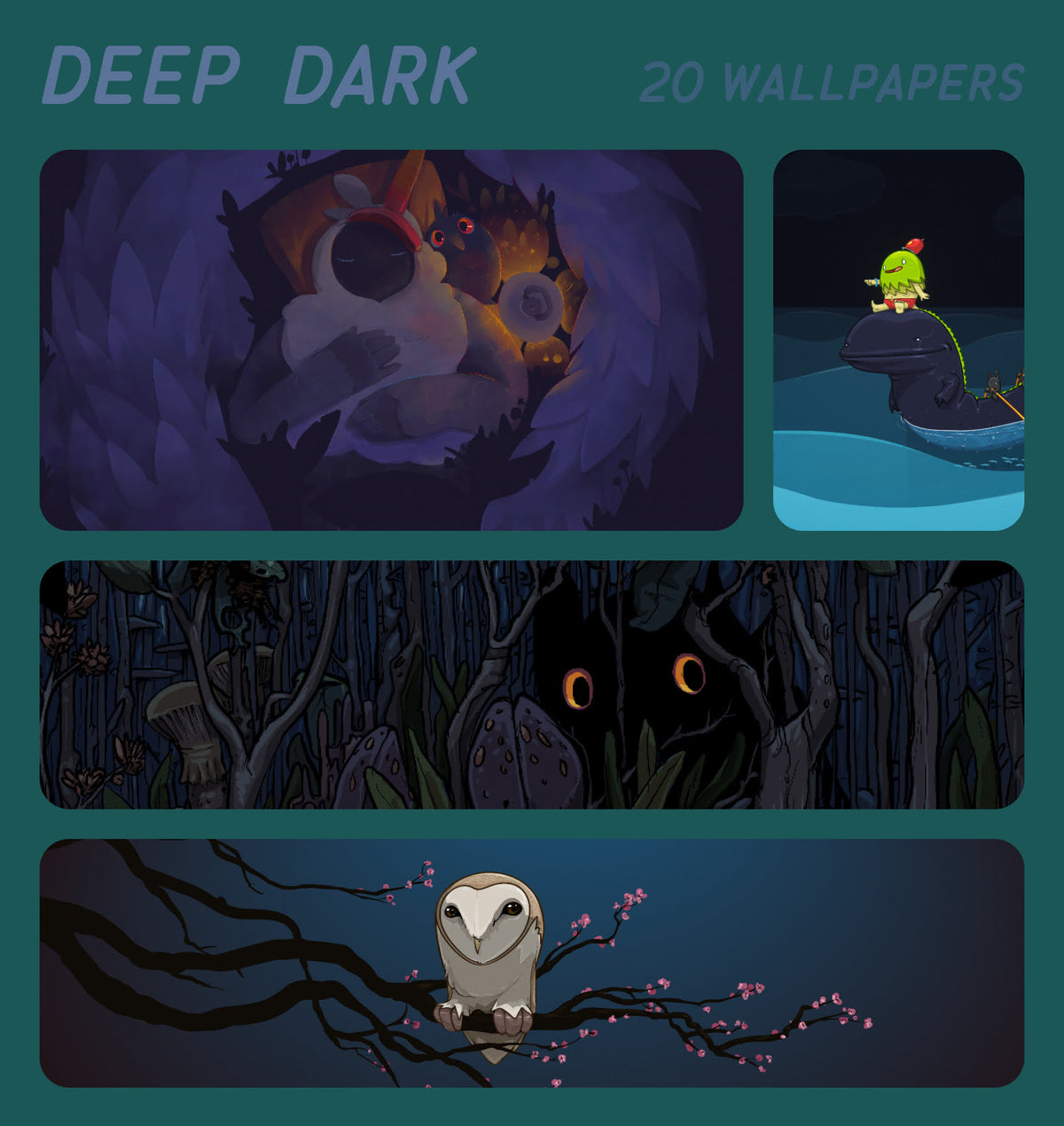 A promotional collage for a wallpaper pack titled "DEEP DARK" with "20 WALLPAPERS" at the top. The design shows four dark fantasy-style panels: a cave scene with glowing eyes, a small green character in a boat, a forest with glowing orange eyes, and an owl on a branch with pink blossoms.