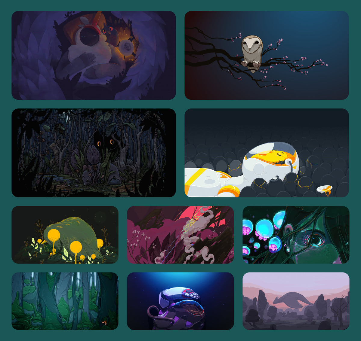 Preview grid of Deep Dark pack wallpapers, including Night Owl, Egg Breath and Smoke and Mirrors, plus glowing eyes in dark forests.