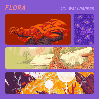 A promotional graphic for a wallpaper collection titled 'FLORA' with '20 WALLPAPERS' in orange text on a dark blue background. Four rectangular wallpaper designs are shown in a collage: a fiery orange abstract design, a blue-and-white mountain scene, a beige landscape with trees and hills, and an orange/yellow abstract floral scene with white moon-like circles.