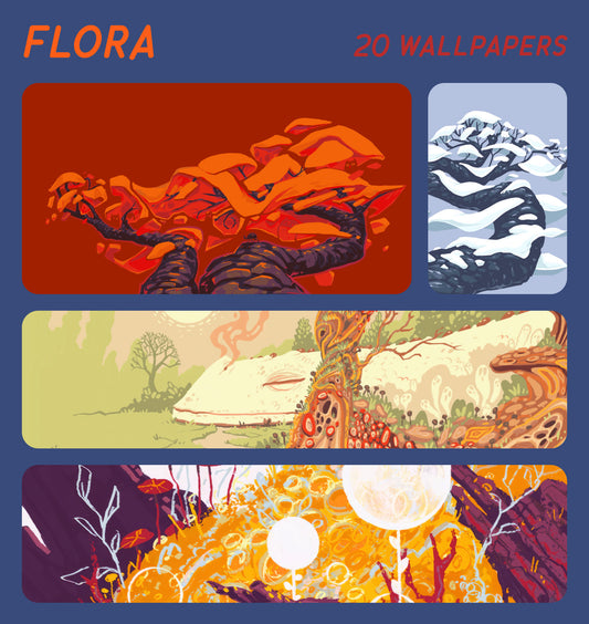 A promotional graphic for a wallpaper collection titled 'FLORA' with '20 WALLPAPERS' in orange text on a dark blue background. Four rectangular wallpaper designs are shown in a collage: a fiery orange abstract design, a blue-and-white mountain scene, a beige landscape with trees and hills, and an orange/yellow abstract floral scene with white moon-like circles.
