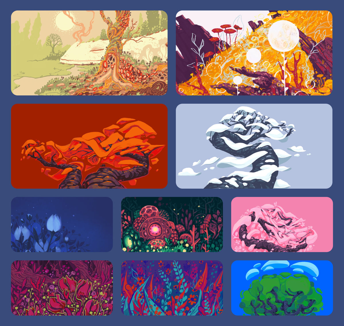 Preview grid of Flora pack wallpapers, including Old Growth, a fiery red tree, a snowy blue tree and dense flower patterns.