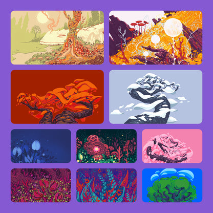 Preview grid of Flora pack wallpapers, including Old Growth, a fiery red tree, a snowy blue tree and dense flower patterns.
