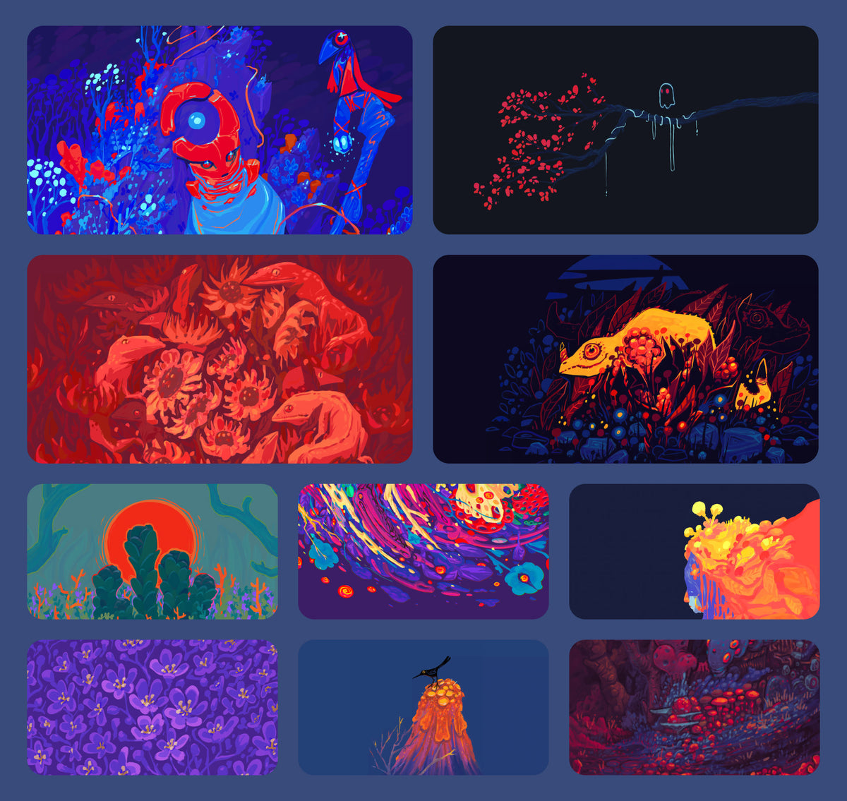 More Flora wallpapers, including Hole and Mental Weight, a golden lizard in red leaves and a field of purple flowers.