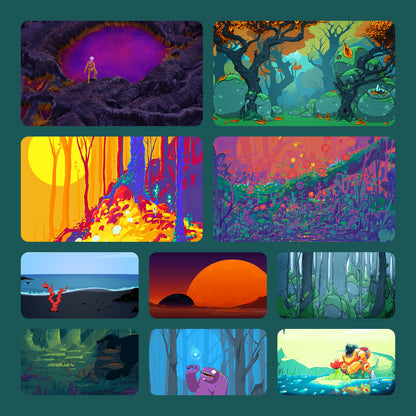 Preview grid of Landscapes pack wallpapers, including Pools, End of Fall, Sunset Forest, Sunset Swamp, Ghost of the Mello Marsh and Harvest.
