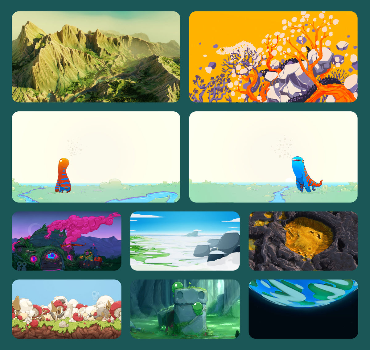 More Landscapes wallpapers, including Six Lizards, Smokehouse and Entropy, a mountain range and two creatures beside a river.