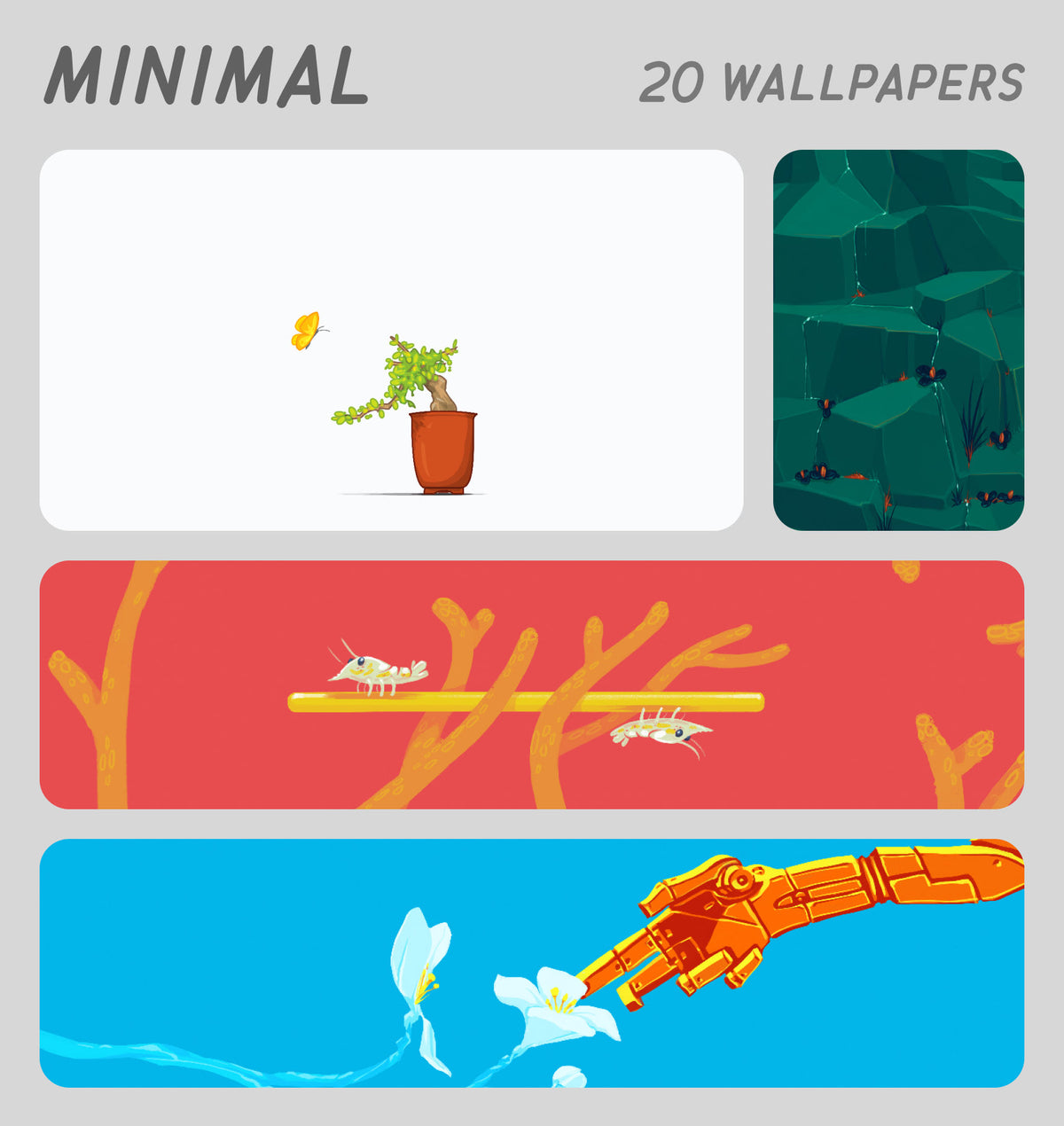 A promotional graphic for a wallpaper pack showing the text 'MINIMAL' and '20 WALLPAPERS' at the top, with three horizontal preview panels below: a white panel with a potted plant and butterfly, a dark green panel with abstract leaves, and a red panel with small insects on branches. A fourth blue panel at the bottom shows a mechanical hand reaching toward white flowers with water lines.