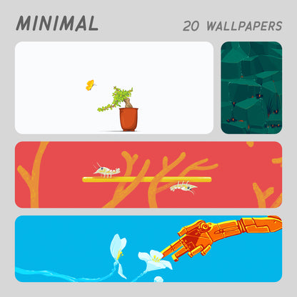 A promotional graphic for a wallpaper pack showing the text 'MINIMAL' and '20 WALLPAPERS' at the top, with three horizontal preview panels below: a white panel with a potted plant and butterfly, a dark green panel with abstract leaves, and a red panel with small insects on branches. A fourth blue panel at the bottom shows a mechanical hand reaching toward white flowers with water lines.