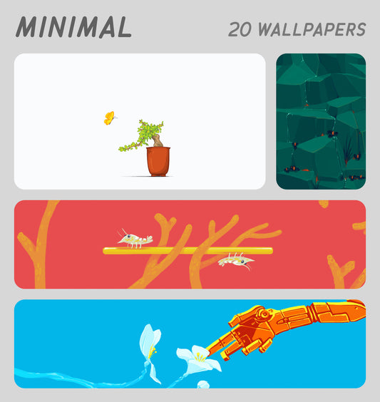 A promotional graphic for a wallpaper pack showing the text 'MINIMAL' and '20 WALLPAPERS' at the top, with three horizontal preview panels below: a white panel with a potted plant and butterfly, a dark green panel with abstract leaves, and a red panel with small insects on branches. A fourth blue panel at the bottom shows a mechanical hand reaching toward white flowers with water lines.