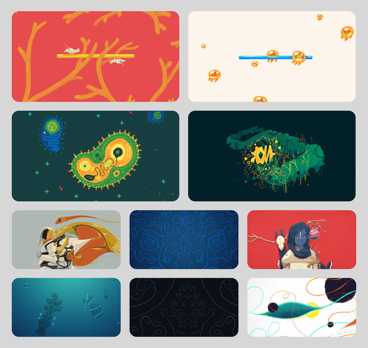 Preview grid of Minimal pack wallpapers, including The Collector, Hunter and Tinnitus, plus small creatures on simple branches.