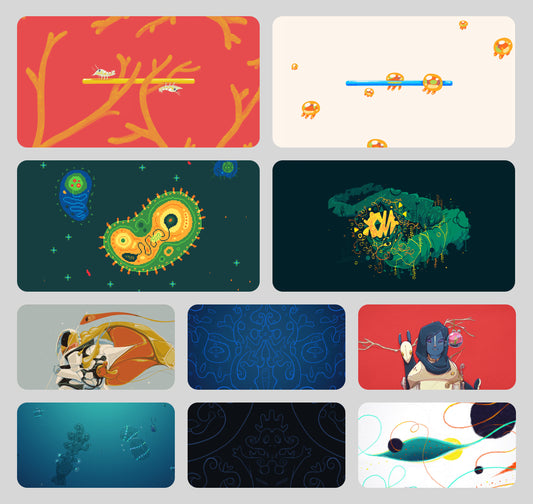 Preview grid of Minimal pack wallpapers, including The Collector, Hunter and Tinnitus, plus small creatures on simple branches.