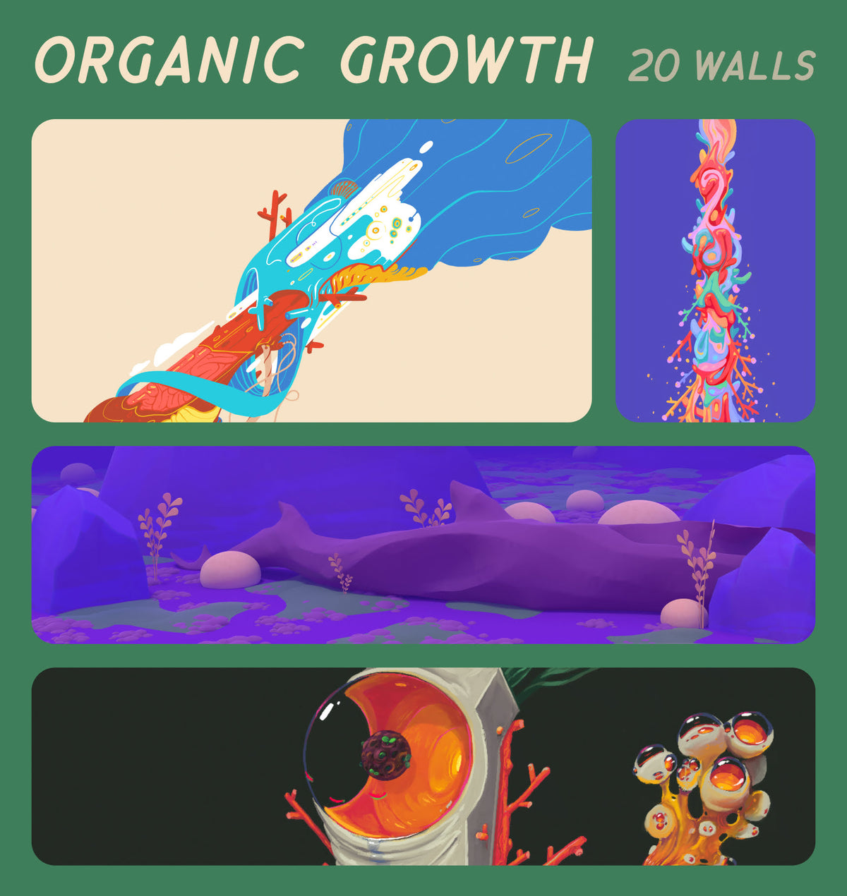 A promotional graphic for a digital art pack titled 'ORGANIC GROWTH 20 WALLS' showing four stylized digital illustrations of organic, cellular, and cosmic forms on a dark green background.