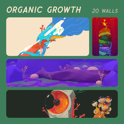A promotional graphic for a digital art pack titled 'ORGANIC GROWTH 20 WALLS' showing four stylized digital illustrations of organic, cellular, and cosmic forms on a dark green background.
